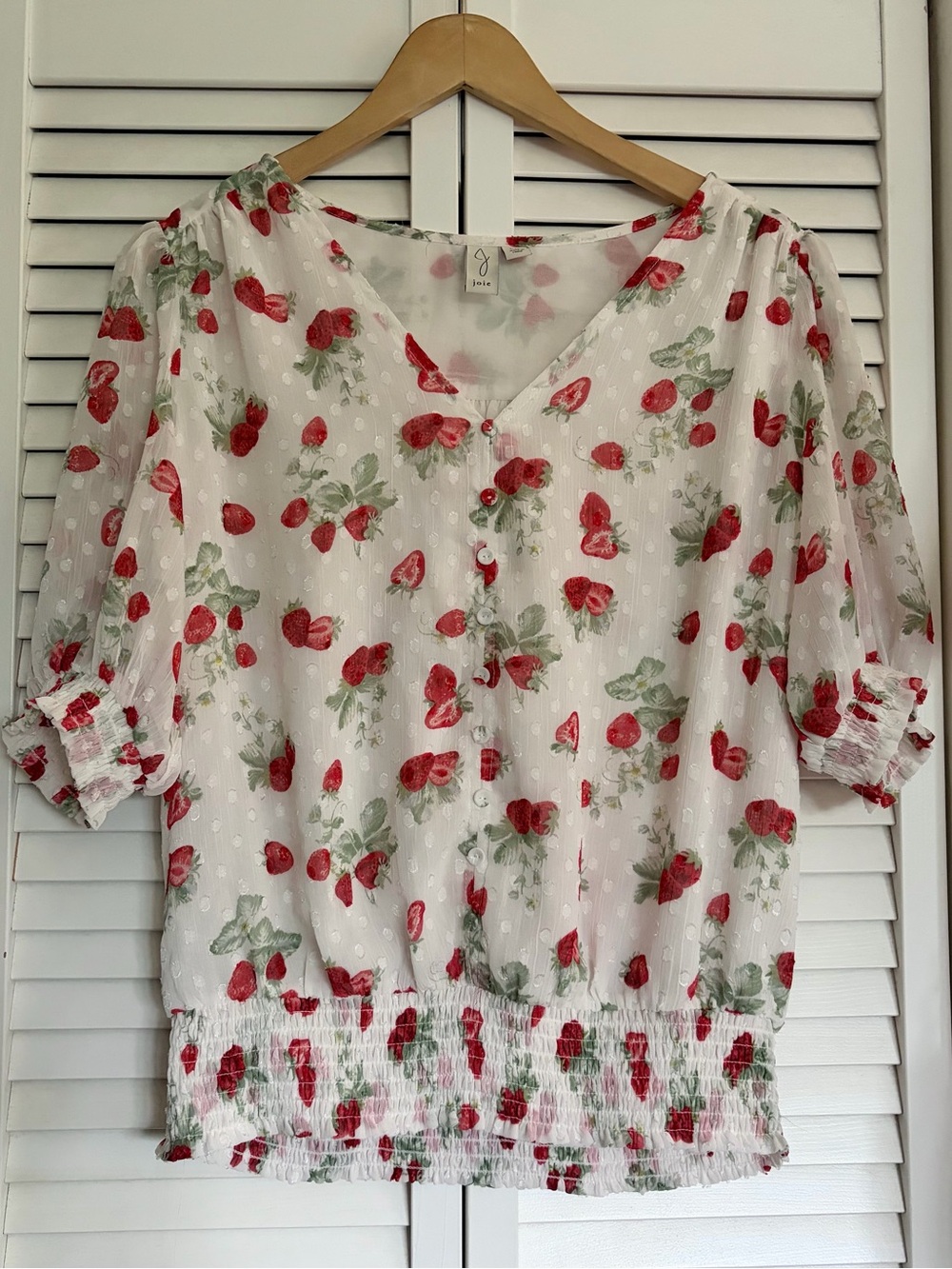 JOIE Strawberry Print V-Neck Button Blouse